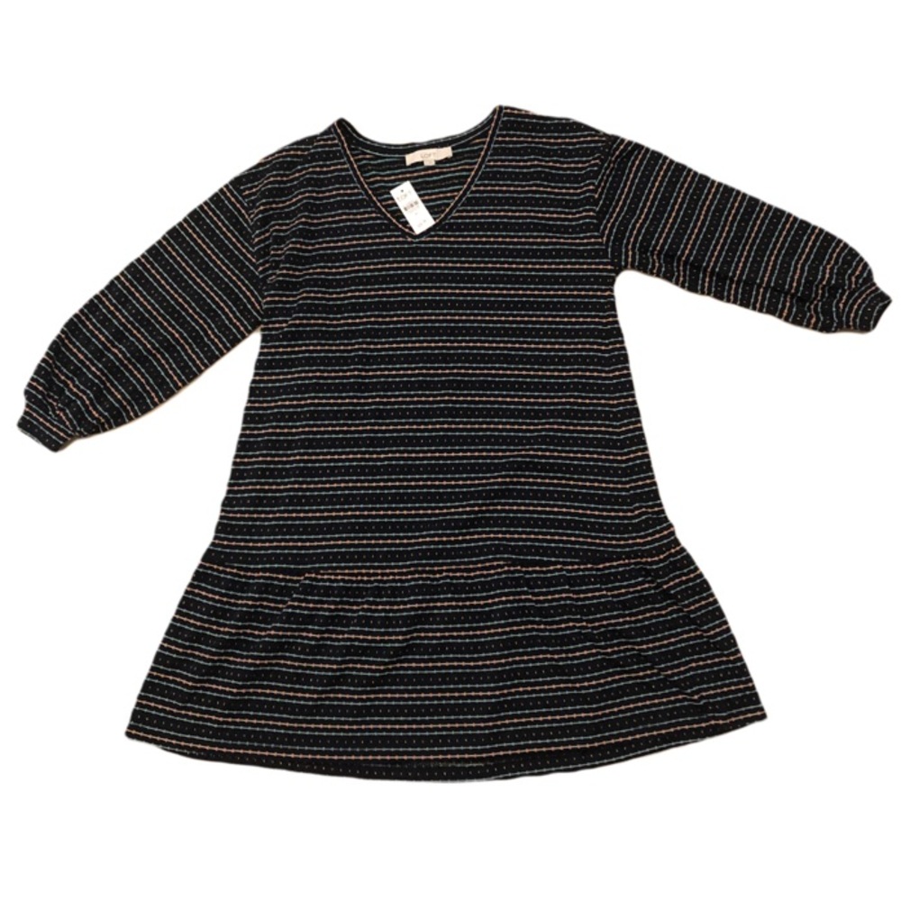 LOFT Patterned Dress With Ruffle, Size Medium, Dark Blue